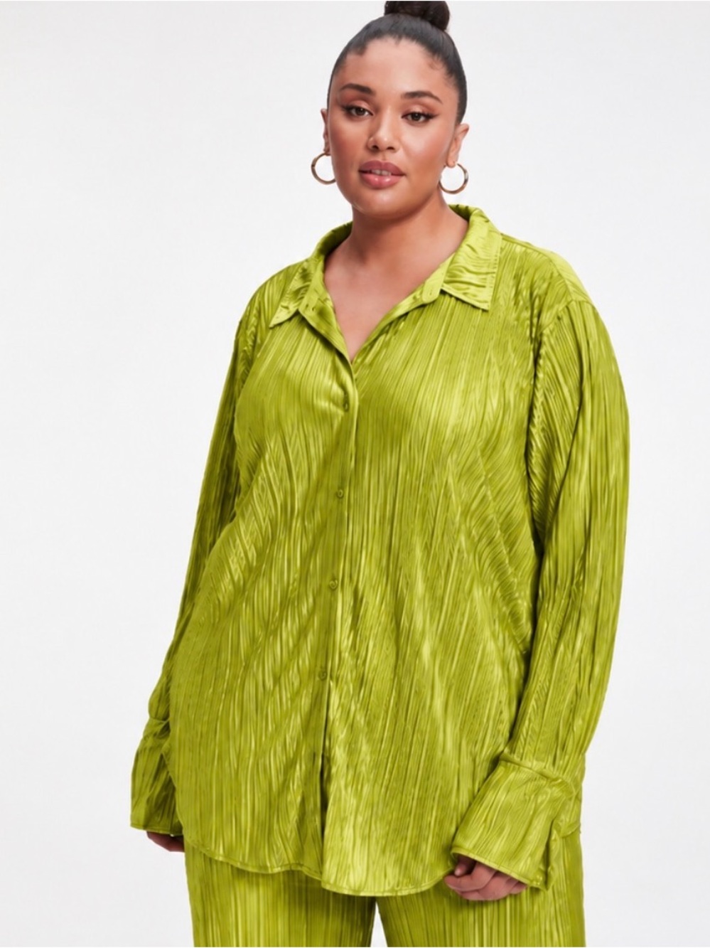 Good American Chartreuse Green Pleated Long Sleeve Blouse Size 5/6 (2XL-3XL)